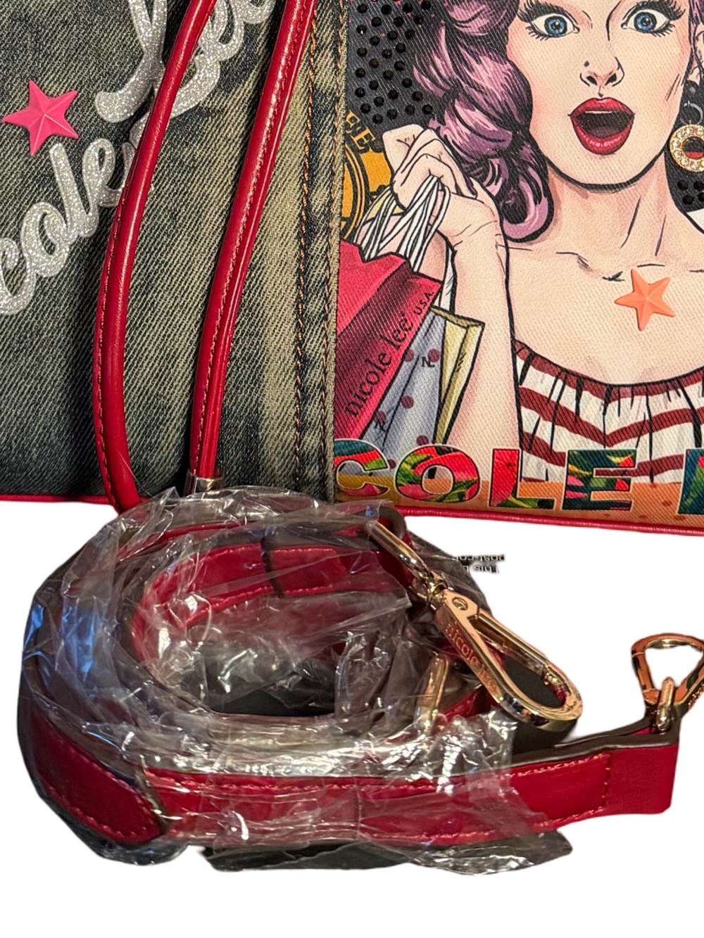 Nicole Lee Pre-Loved Fun Denim Retro Bling Pop-Art Tote with Red Handles (P248) - Picture 5 of 12